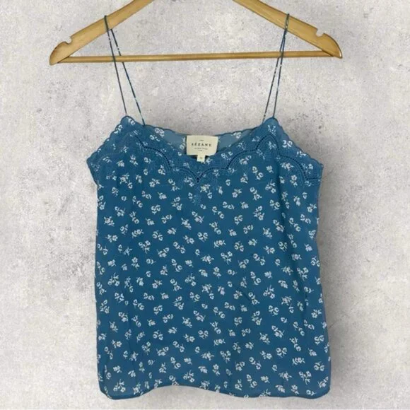 Sezane 100% Silk Palma Blue Floral Tank Top Camisole Boho Size 32 French US 0 - Picture 4 of 13